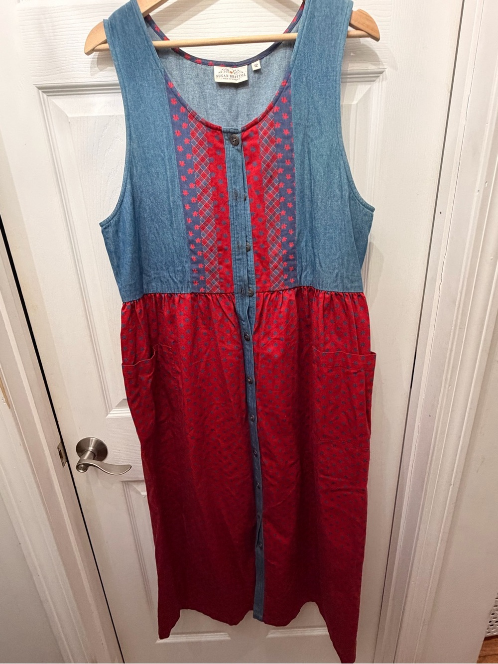 Susan Bristol Denim-Accent Red Patterned Maxi Dress